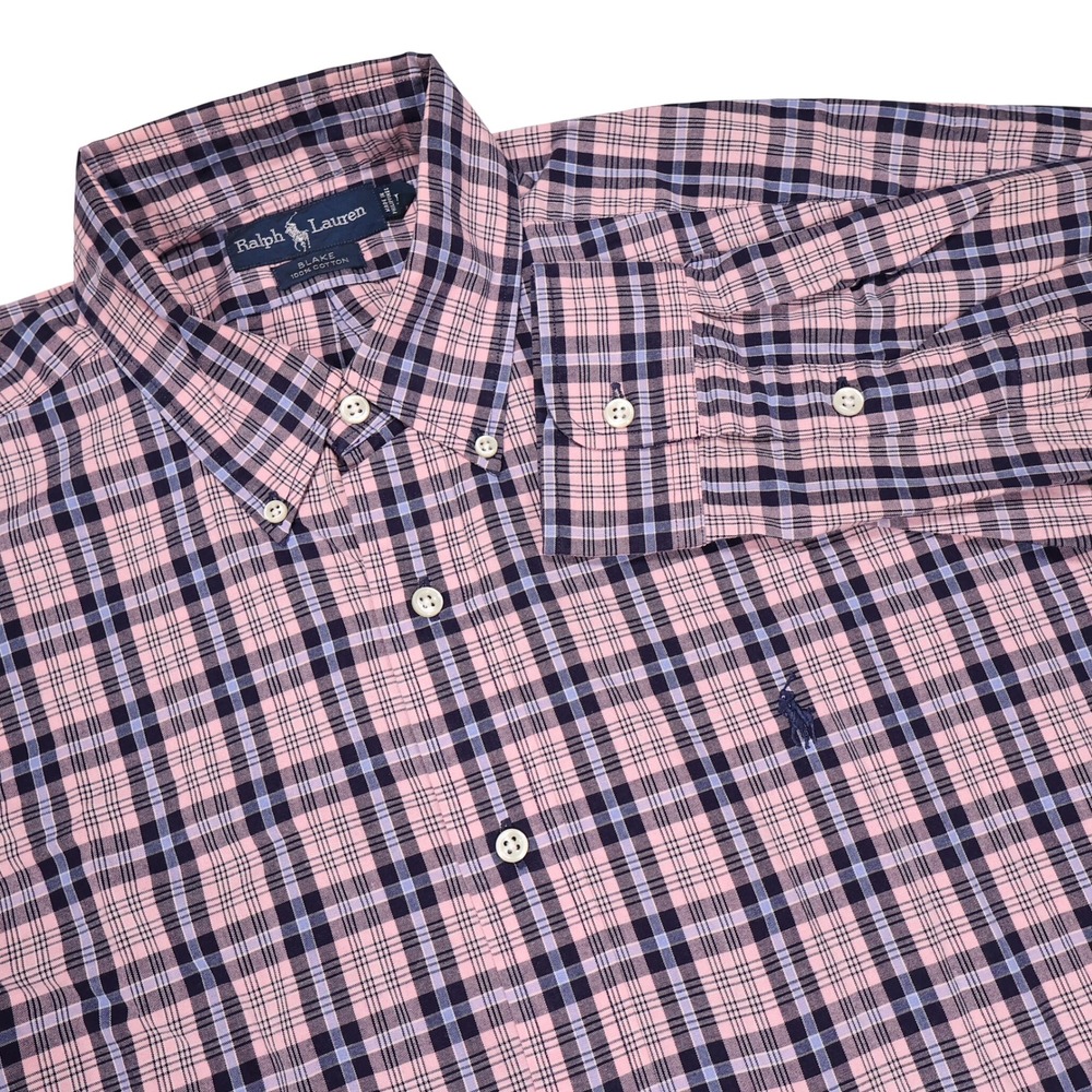 RALPH LAUREN Men's L Pink Navy Blue Plaid Blake Long Sleeve Button Down Shirt